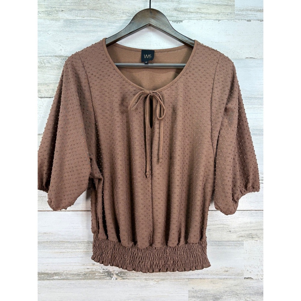 W5 Anthropologie Brown Swiss Dot Smocked Hem Keyhole Tie Puff Sleeve Knit Top M